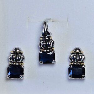 Etruscan Style London Blue Topaz with Silver and Gold Earring and Pendant Set